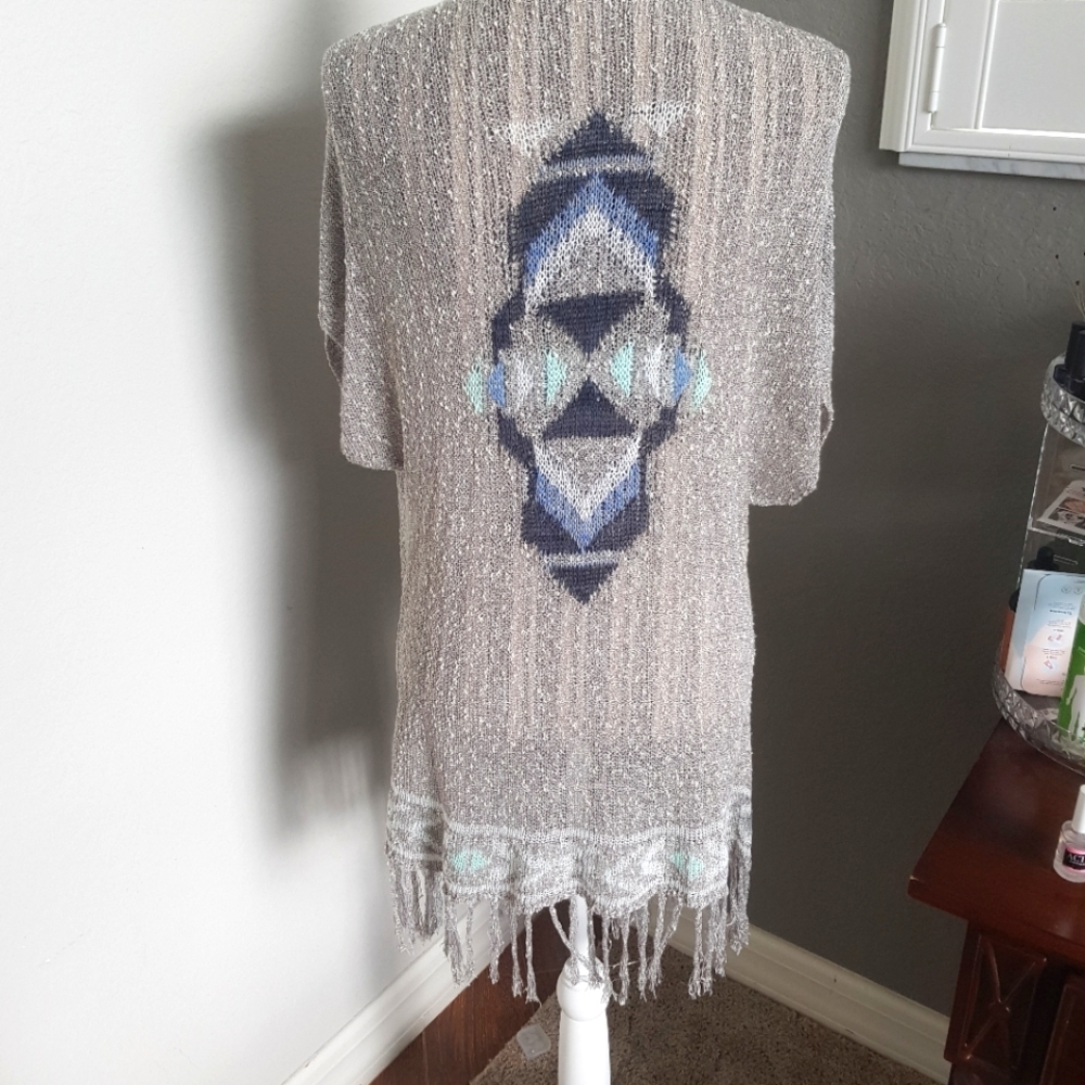 Aztec knit crochet fringe kimono duster